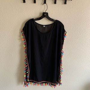 Sheer Black Swimsuit Coverup with Tassels - S/M